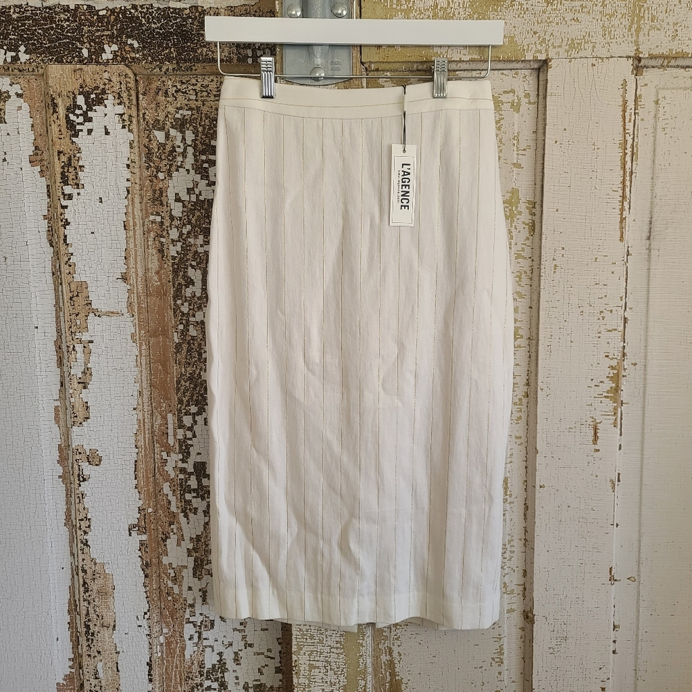 NWT L'Agence Cream/Gold Pinstripe Linen Skirt Sz 2 4 6
